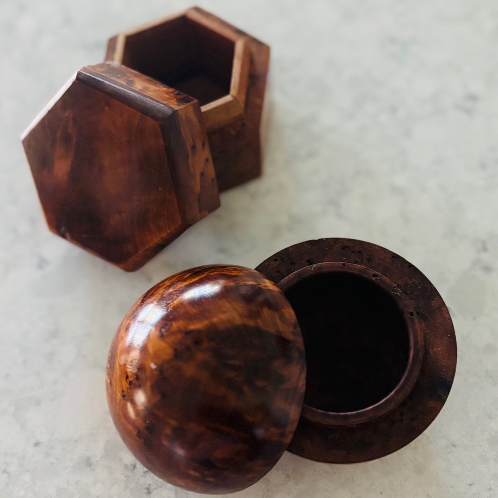 Rare! Thuya Burl Wood hand carved into A Sphere & a Hexagon.2 Special boxes 🪵